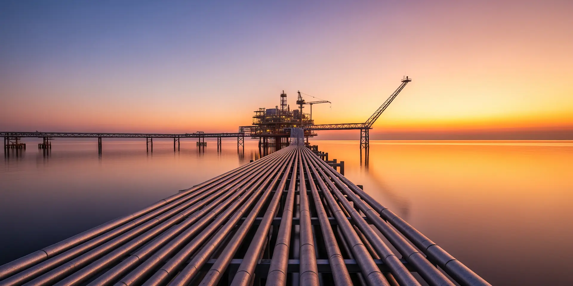 Export pipelines running out to an offshore production platform at sunset.