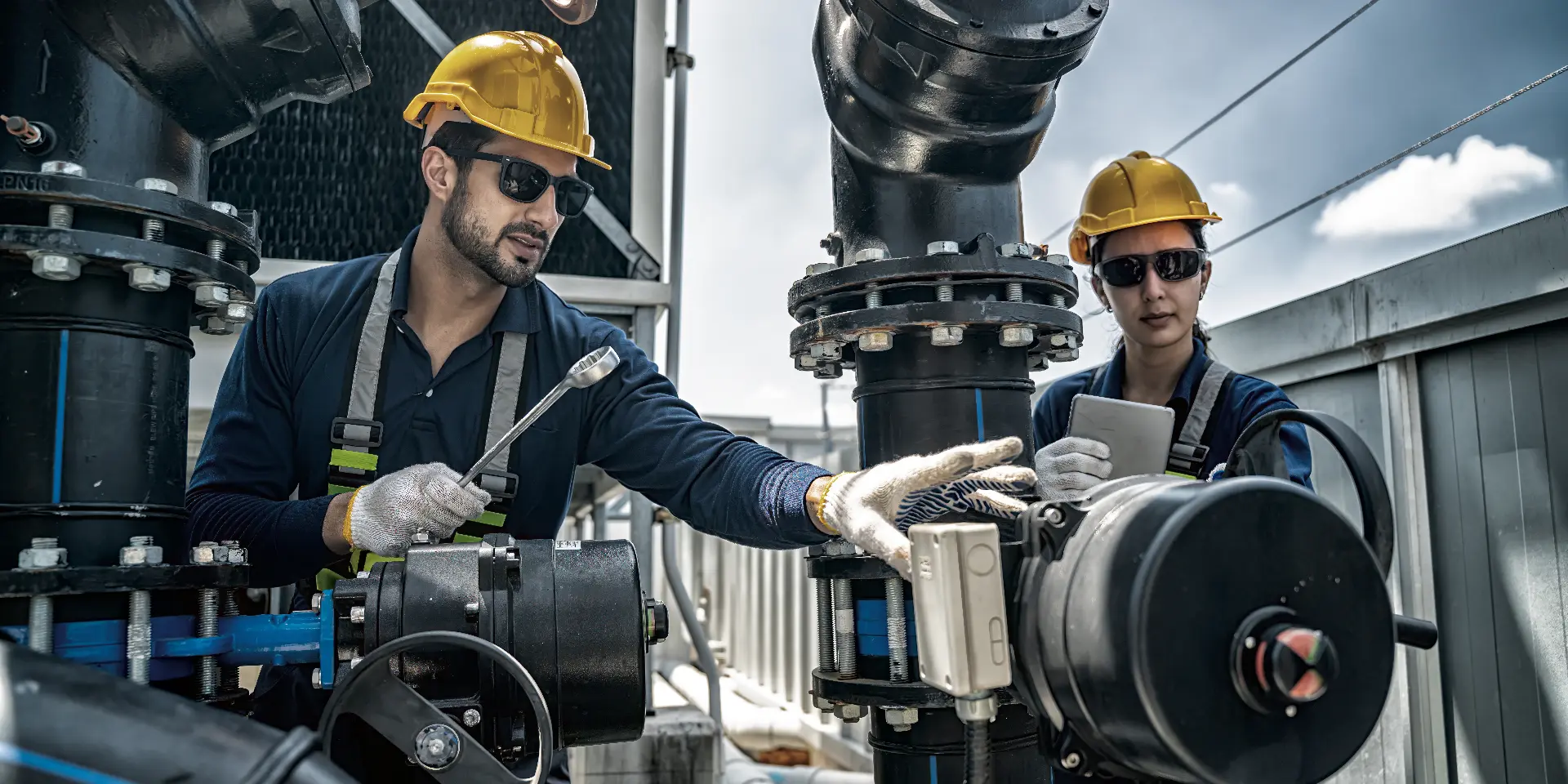 Engineers inspecting flanged pipework and valve actuators on an operating plant deck.