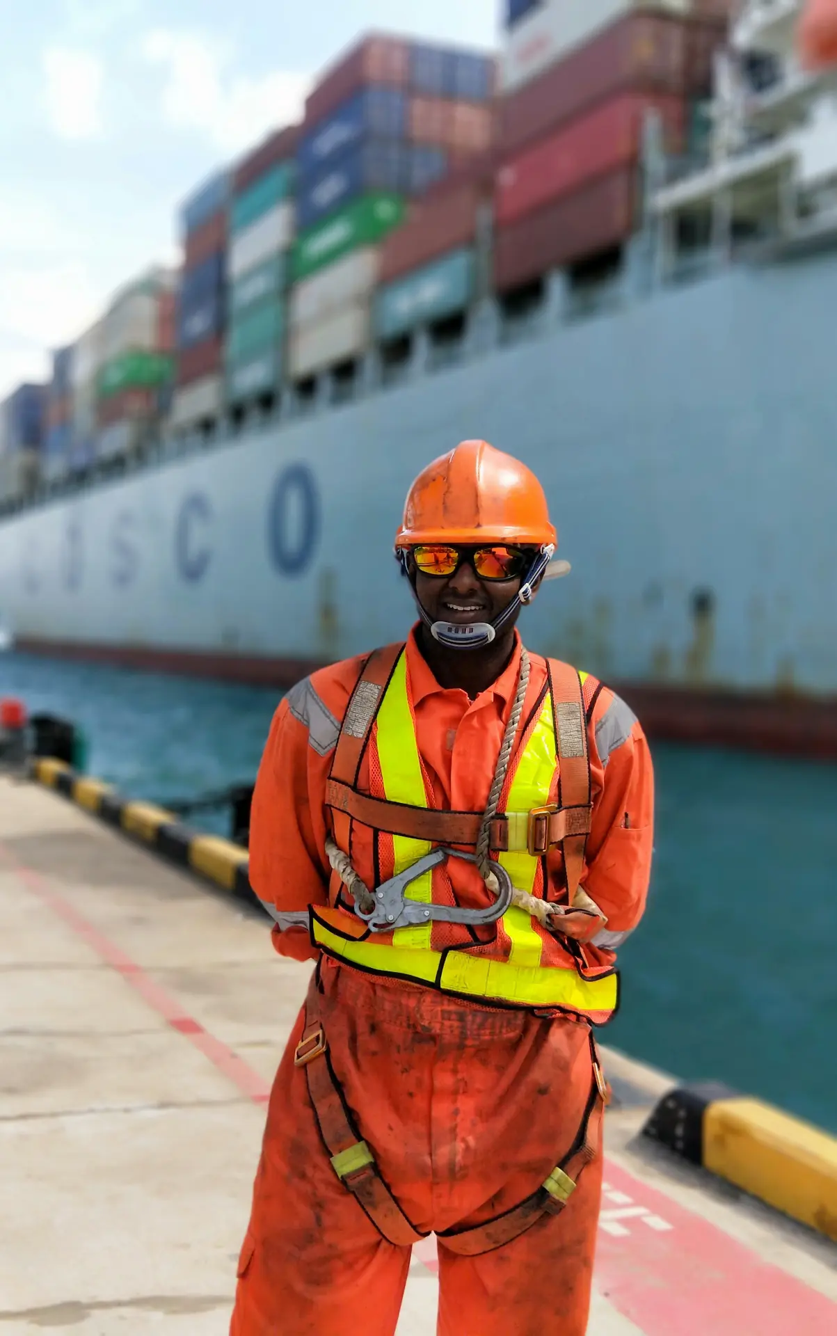 Field technician in full personal protective equipment on a container quay with a cargo vessel behind.