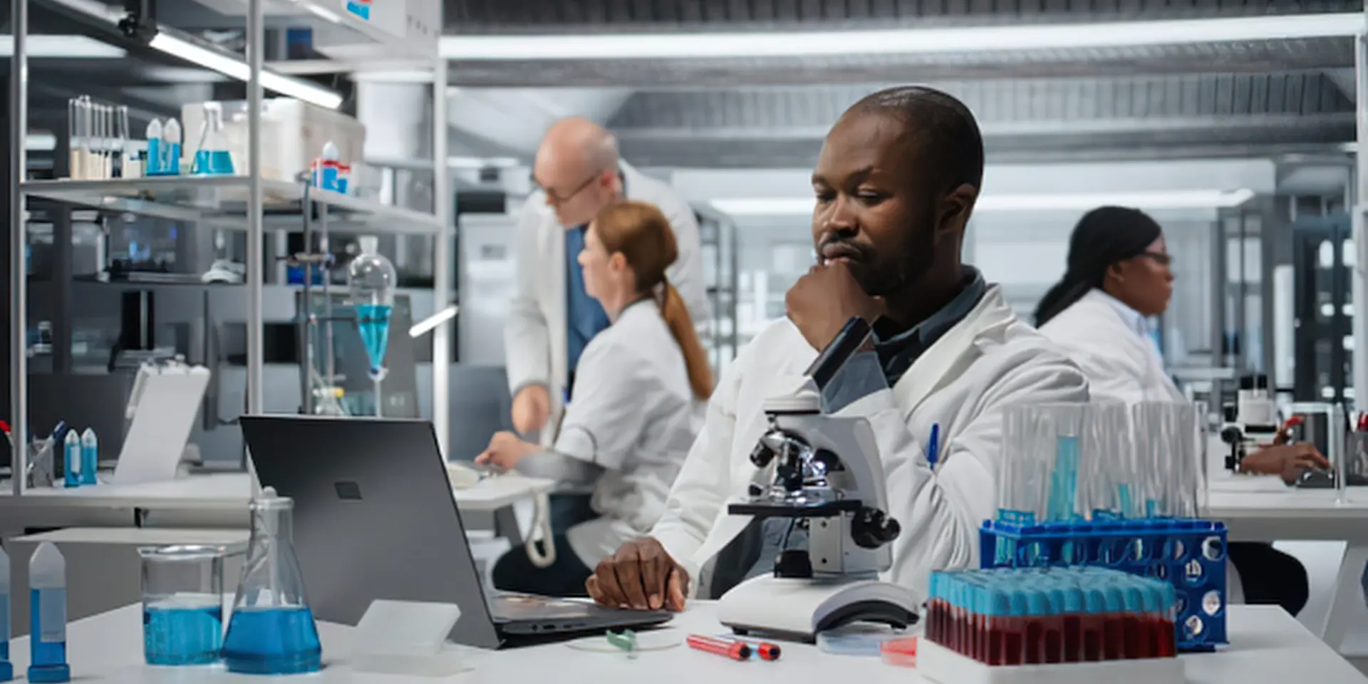 Research team working in a modern materials and analysis laboratory.