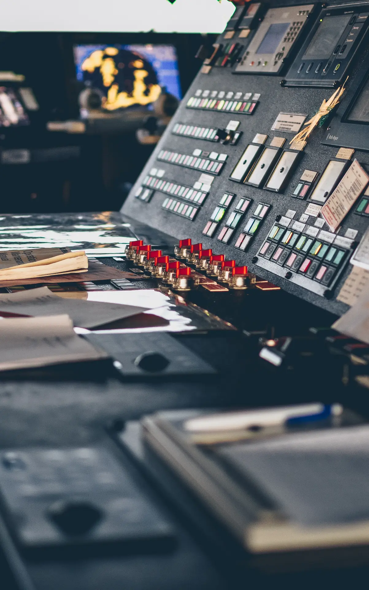 Industrial control-room console with operating panels, switches and indicator lights.